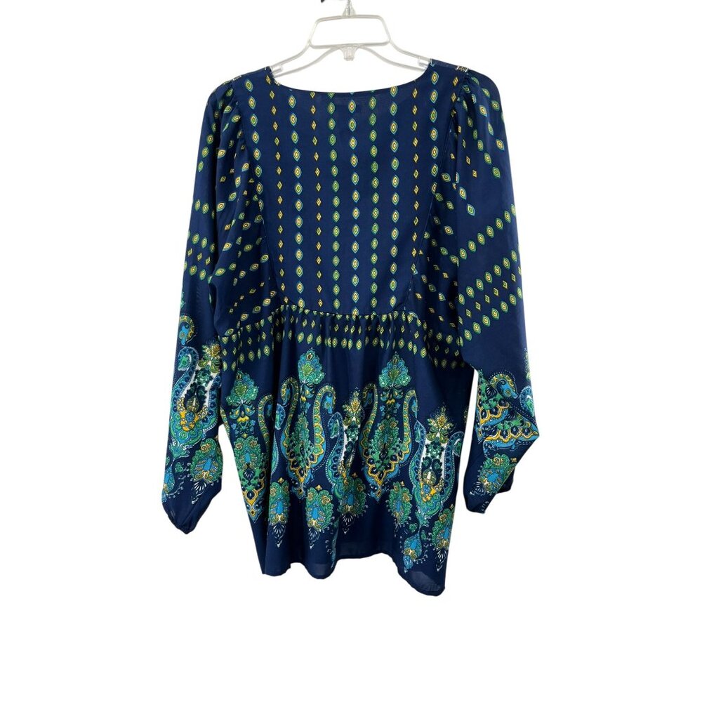 Westbound Womens XL Boho Embroidered V-Neck Pullover Blouse  Navy/Green Sequins - Picture 2 of 15